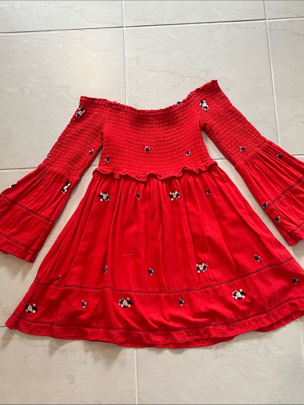 Free People Red Embroidered Off-Shoulder Tiered Casual Dress